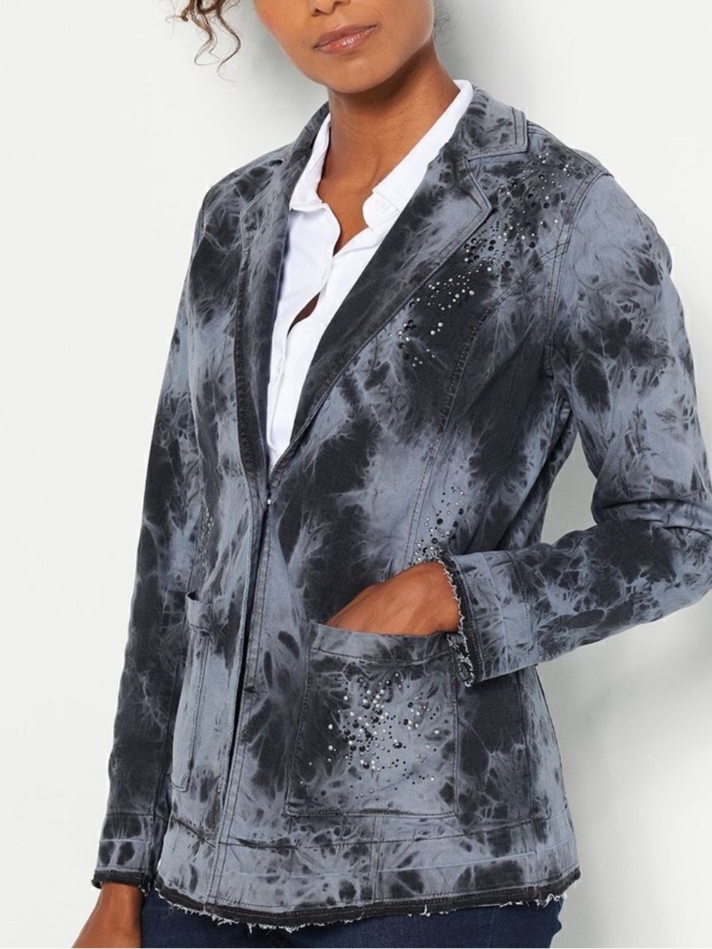 LOGO by Lori Goldstein Charcoal Gray Tie-Dye Rhinestone Blazer